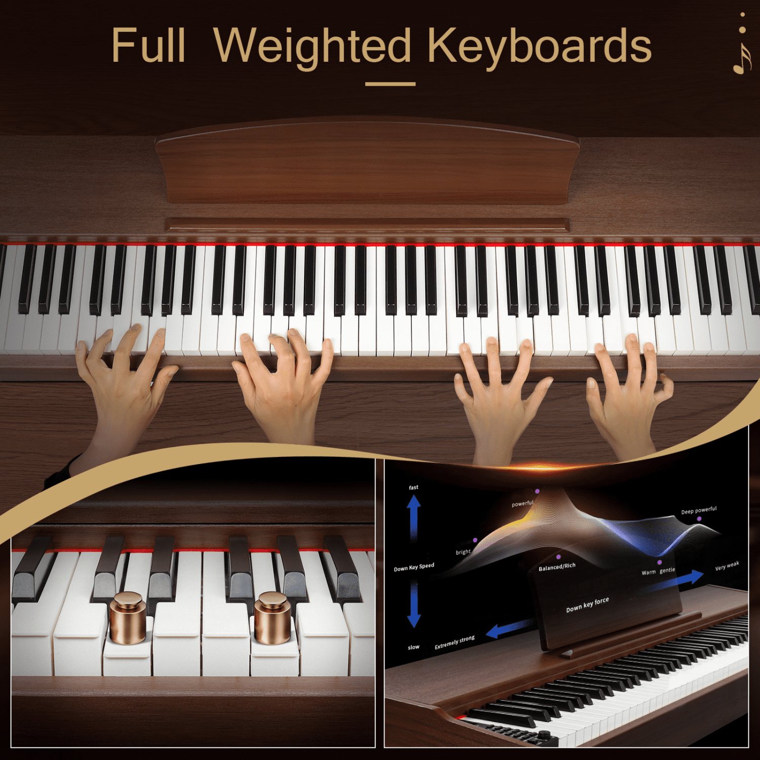 Hassch Digital Piano Keyboard for Beginners, 88 Keys Full Weighted Electric Piano with Stand, Headphone, Power Adapter, and Triple Pedals, Walnut