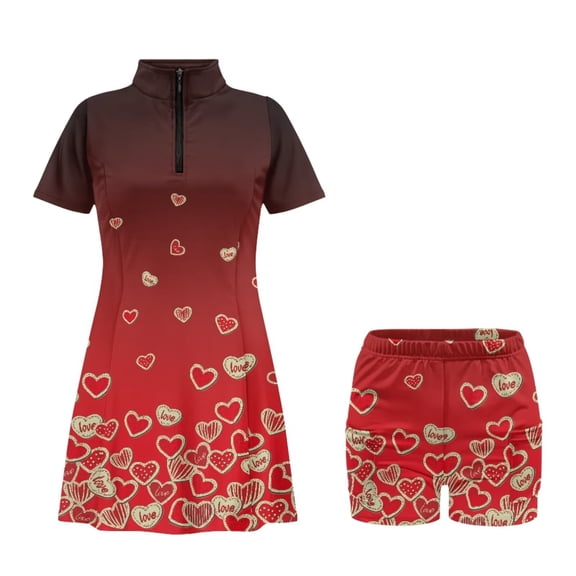 Psesaysky Red Love Golf Tennis Dress with Stand Collar Golf Tennis Dresses for Women with Built in Shorts and Pockets Zip up Workout Athletic Dresses Valentine's Day Sundress