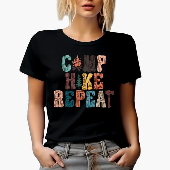 Distressed Camp, Hike, Repeat with Bonfire & Pine Tree Art Merch Gift, Black T-Shirt, Small