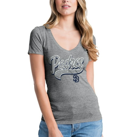 Logo Watch San Diego Chargers - Women's New Era Heathered Gray San Diego Padres Glitter Logo V-Neck T-Shirt