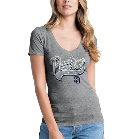 Women's New Era Heathered Gray San Diego Padres Glitter Logo V-Neck (Best Food Delivery San Diego)