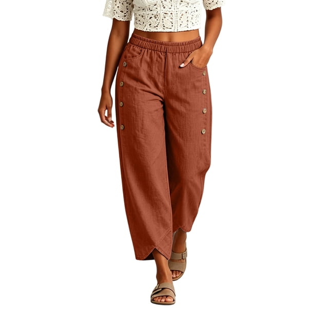 Neewe Womens High Waist Pants Wide Leg Ankle Casual Button Waist Vacation with Pockets Daily Outfits