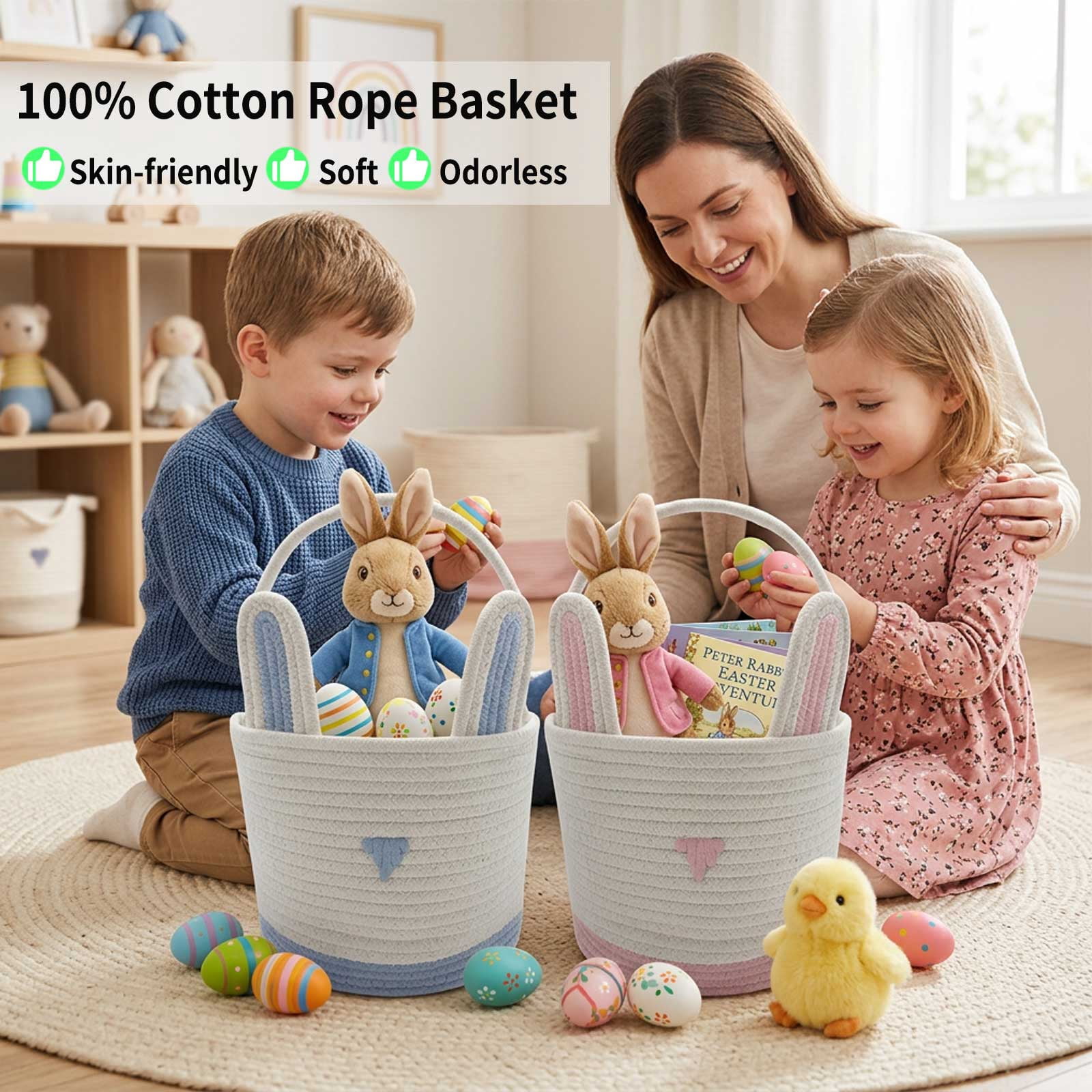 Large Woven Easter Baskets for Girls & Boys - Empty Basket with Gift Bags and Ribbons Cute Easter Decorations Bunny Ears Designs (Blue)