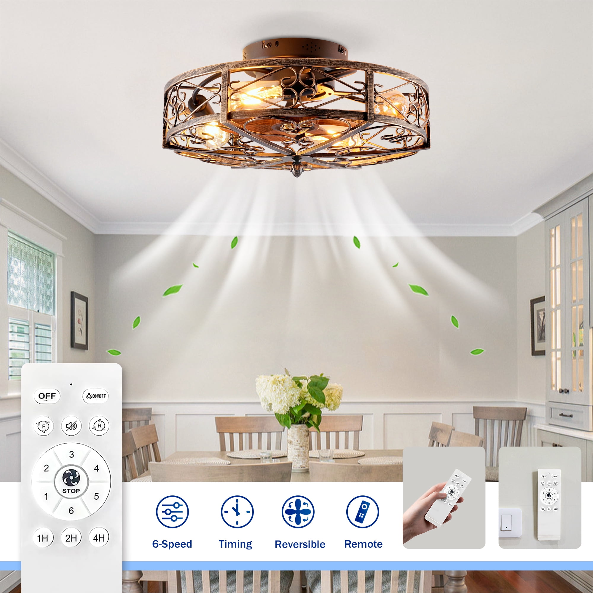 Leumius 20" Bronze Flush Mount Ceiling Fan with Light, Reversible Motor and DC Remote Control,6 Speed Ceiling Fan,Timing for Living Room Bedroom Dining Room(NOT Included Bulbs)