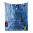 thumbnail image 1 of Blue Soft Flannel Fleece Throw Blanket, Street with Colorful Flower Pots in City of Chefchaouen in Morocco Travel Village, Cozy Plush for Indoor and Outdoor Use, 70" x 90", Multicolor, by Ambesonne, 1 of 6