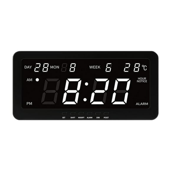 Reloj de pared digital de pantalla grande, multiusos, moderno, con alarma y visualización de temperatura. Blanco