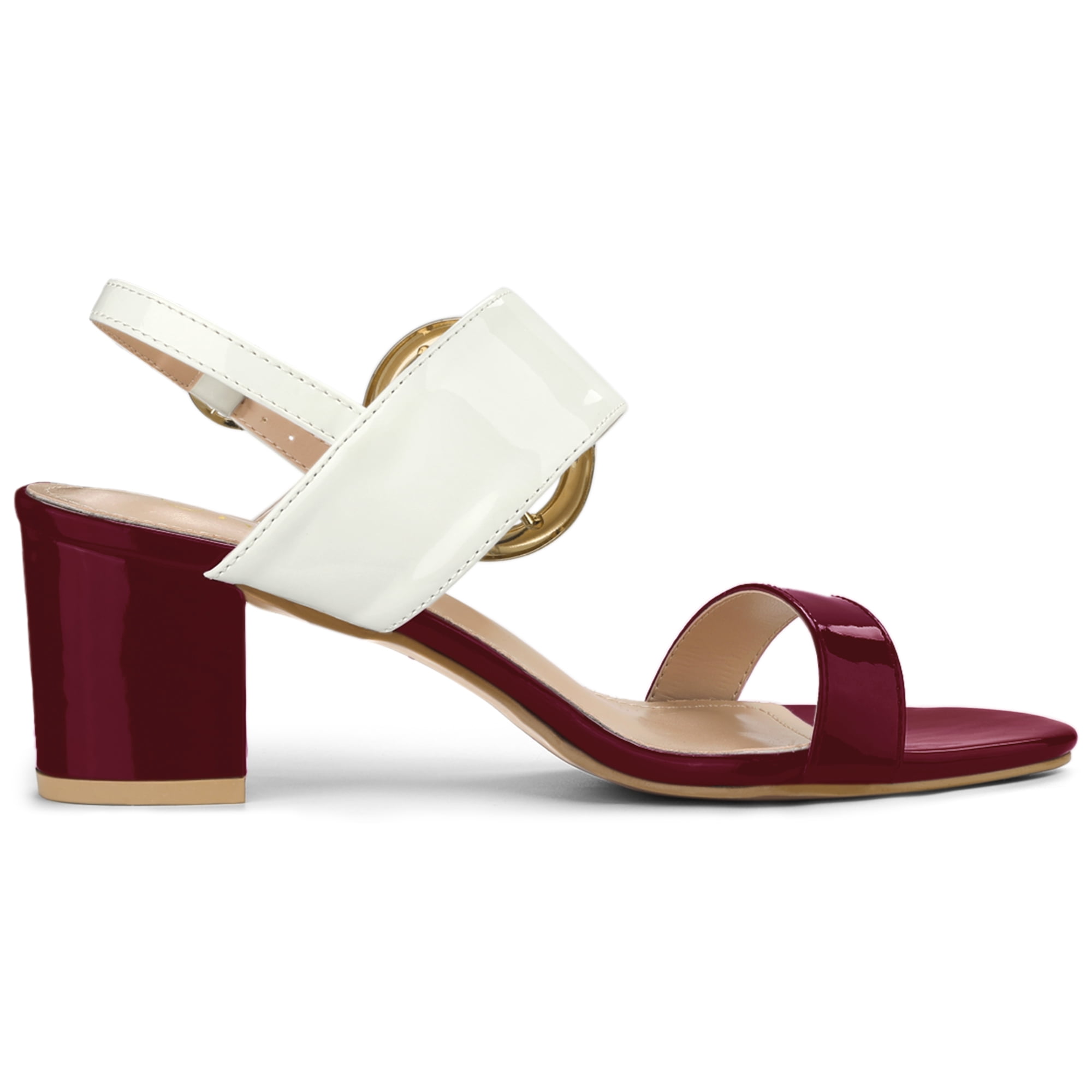 DARING DIVA Women's Slingback Block Heel Sandals with Buckle Decor Burgundy White 6