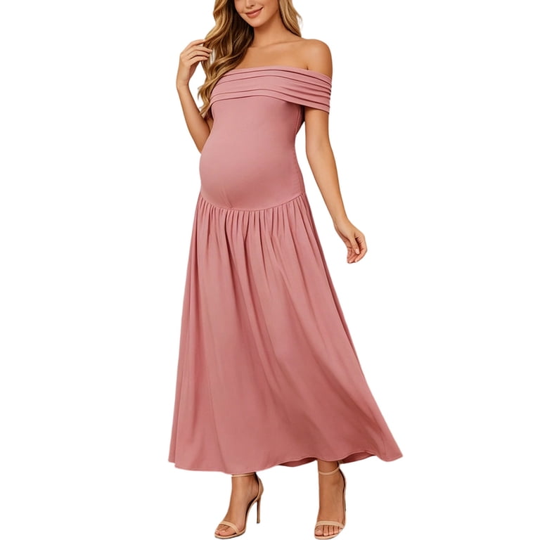 Acaics Maternity Stretch Maxi Dress, Fold Off Shoulder Empire Waist Long Gown, for Pregnant Women Formal Wear