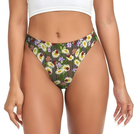 Thongs for Women - Ladybugs And Flowers On A Wooden No Show Seamless Womens Thongs Underwear  Stretch G String Thongs for Women  Ladies Breathable Kawaii Thong Bikini Panties Briefs