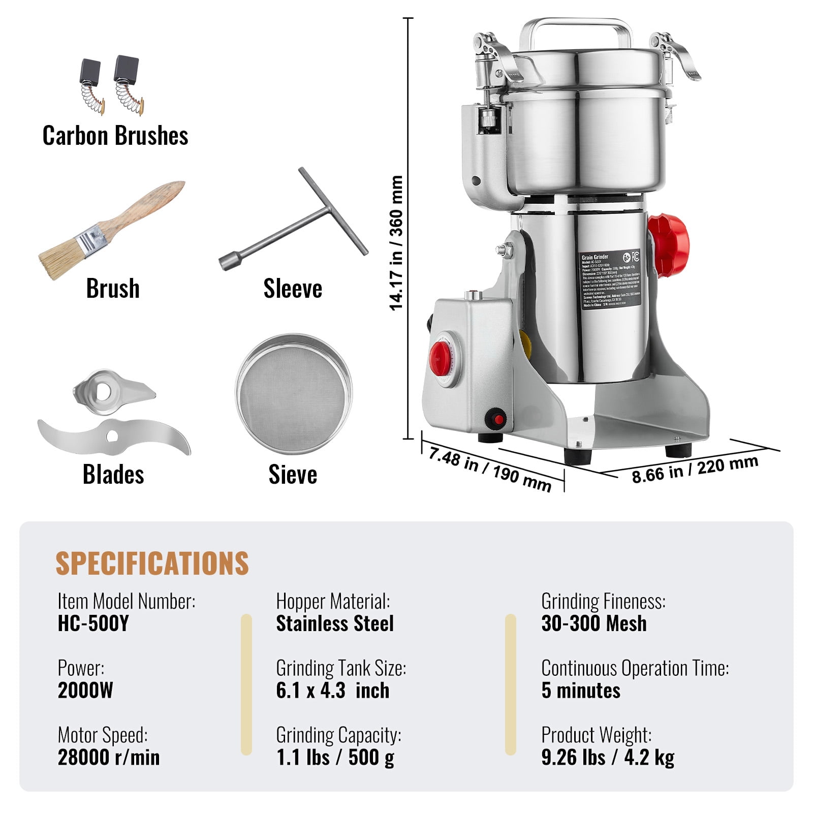 KFFKFF 500g Electric Grinder, 2000W Speedy Grain Mill, Stainless Steel for Dry Ingredients, Spices, Coffee, Corn, Swing Design