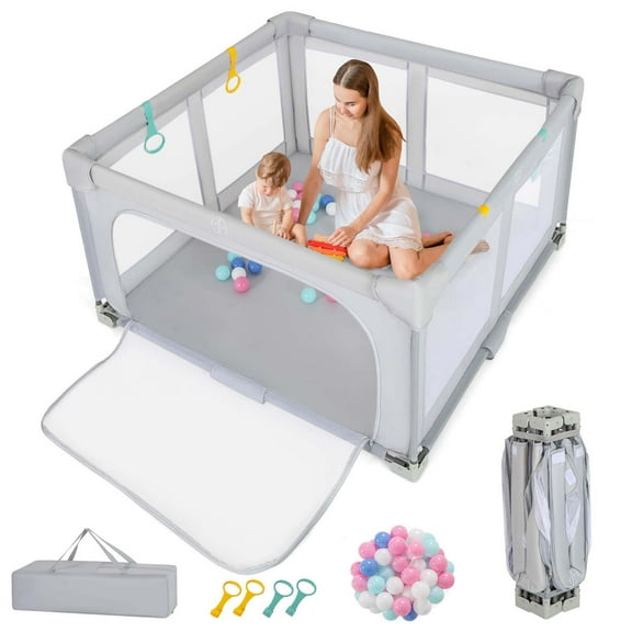 Honeyjoy Large Baby Playpen 50" x 50" with Zipper Gate 50 Ocean Balls and 4 Pull-up Rings