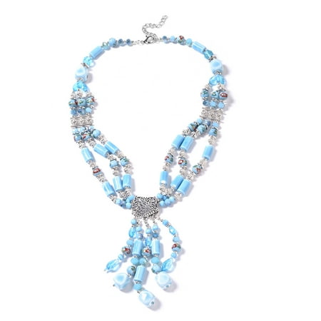 Ceramic Set Necklace Spring Break Doorbuster Blue Ceramic Cubic Zirconia CZ Silvertone Beaded Bolo Necklace for Women Jewelry Gift 24