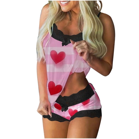 gakvbuo Valentine'S Day Pajamas Camisole And Shorts for Women Sleepwear Sleeveless Lingerie V-Neck 2 Piece Outfits Pajamas Loungewear Cami Top Shorts Lace Up Nightwear