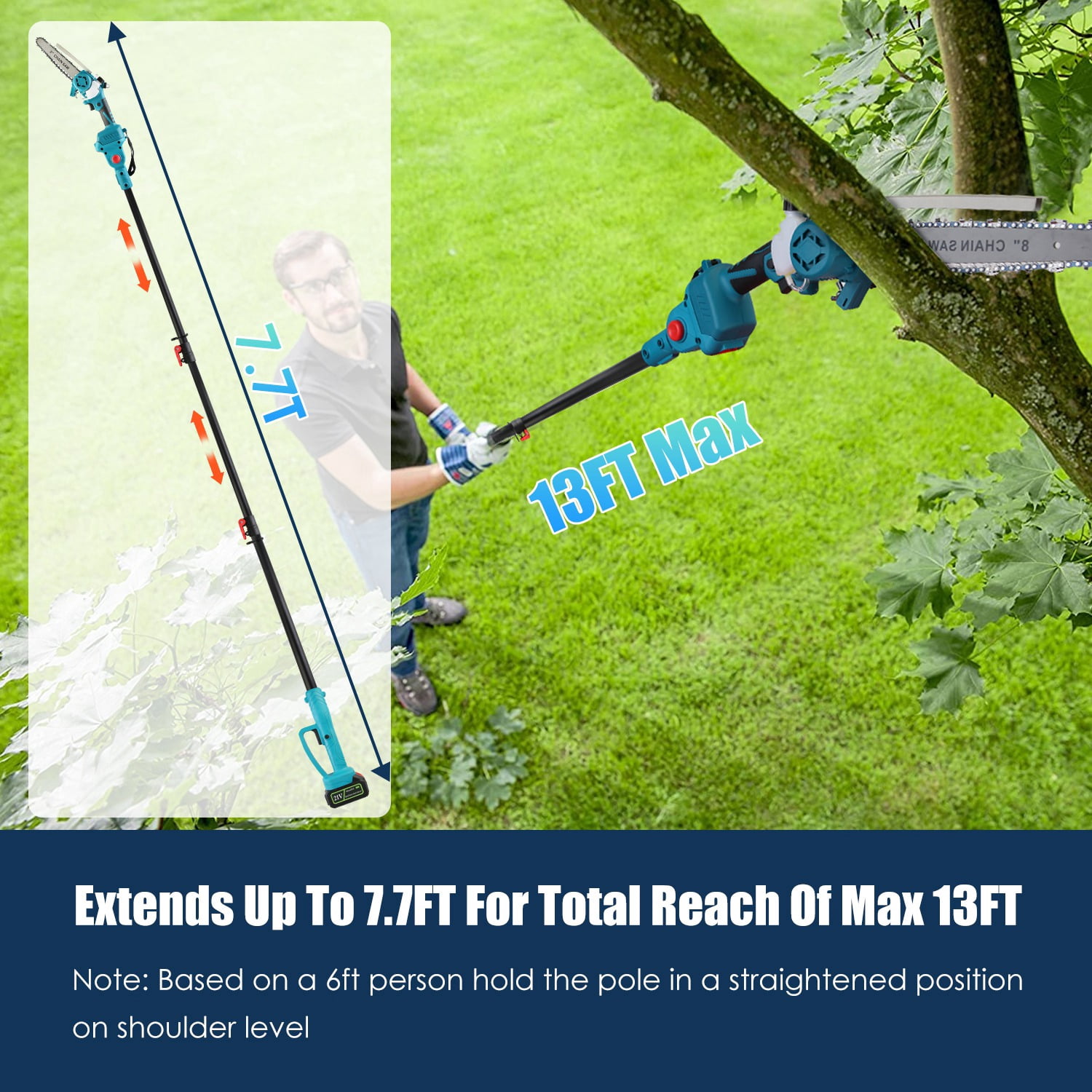 2-in-1 Cordless Pole Saw & Handheld Chainsaw, 1200W Brushless Motor with 2x3000mAh Batteries, 13FT Reach Adjustable Head, Auto Oil Lubrication & Safety Kit for Tree Pruning