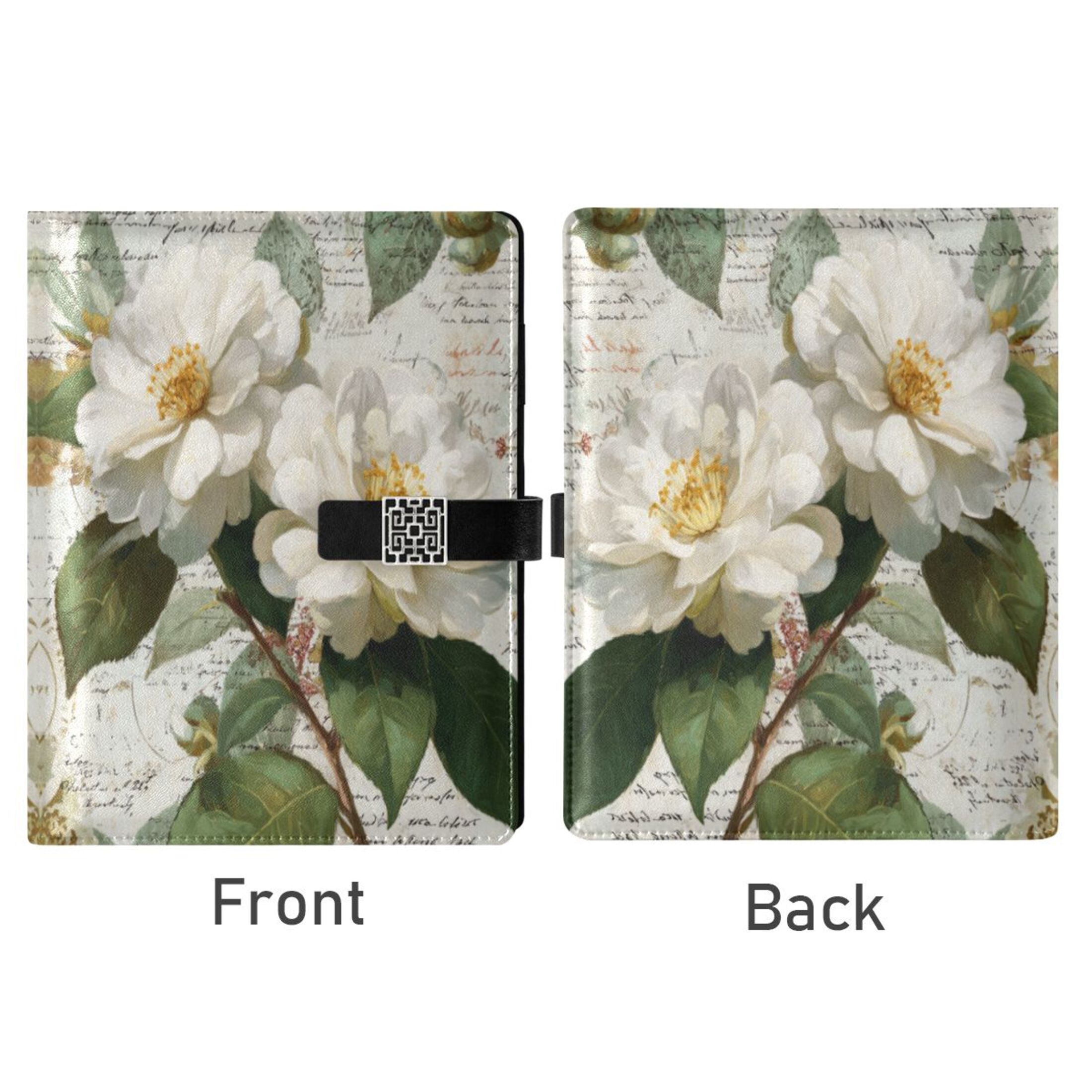 9.2x6.7 inch Leather Notebook 100 Sheets, Multi-Pocket Design & Pen Loop Vintage White Camellias Refillable Journal Organizer