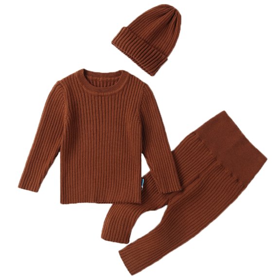 Lovskoo Boys and Girls Outfits Baby Infant 0-4 Years Keep Warm Sweater Long Sleeve Tops Pants Hats Solid Color Clothes Three Set Brown