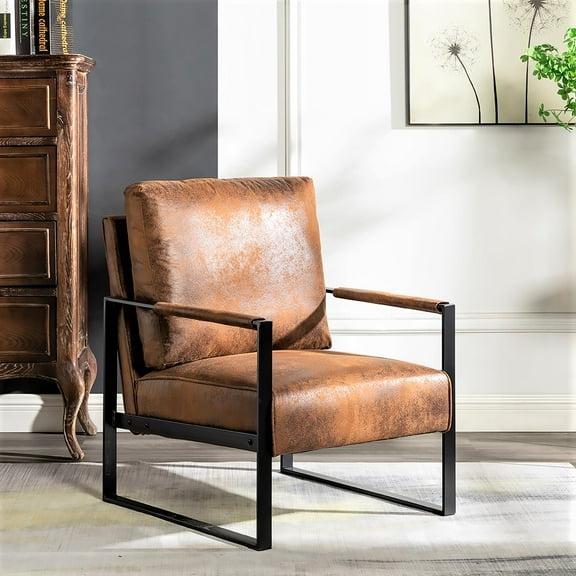 Accent Chair with Durable Square Metal Frame, Mid Century Modern Armchair in Yellow Brown Spotted Microfiber Upholstery for Living Room, Bedroom, and Home Office, Padded Seat