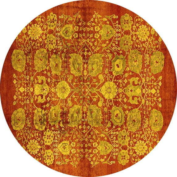 Ahgly Company Machine Washable Indoor Round Oriental Yellow Industrial Area Rugs, 3' Round