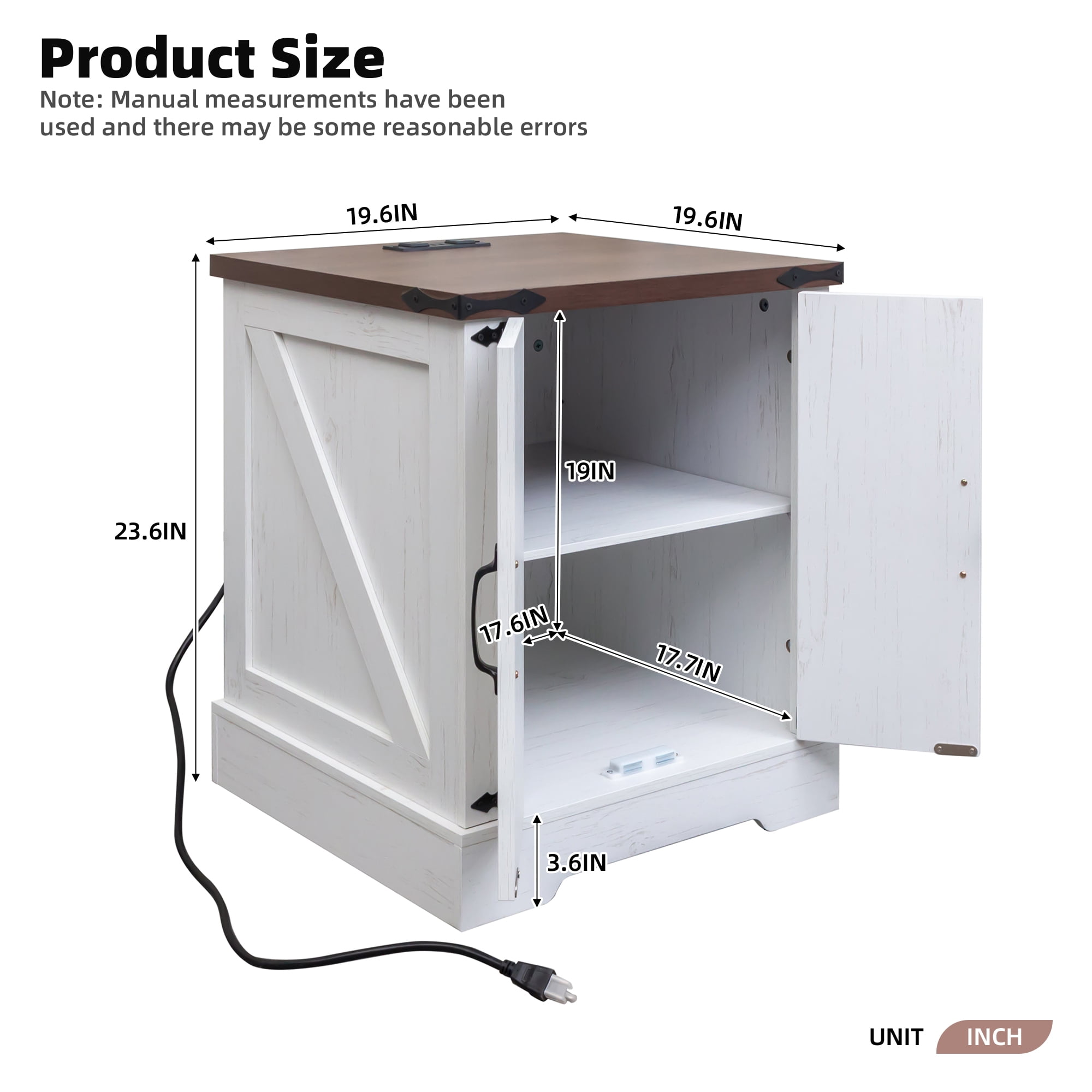 MAYEERTY Farmhouse End Table with Charging Station, Rustic Wood Nightstand with Adjustable Shelf, White