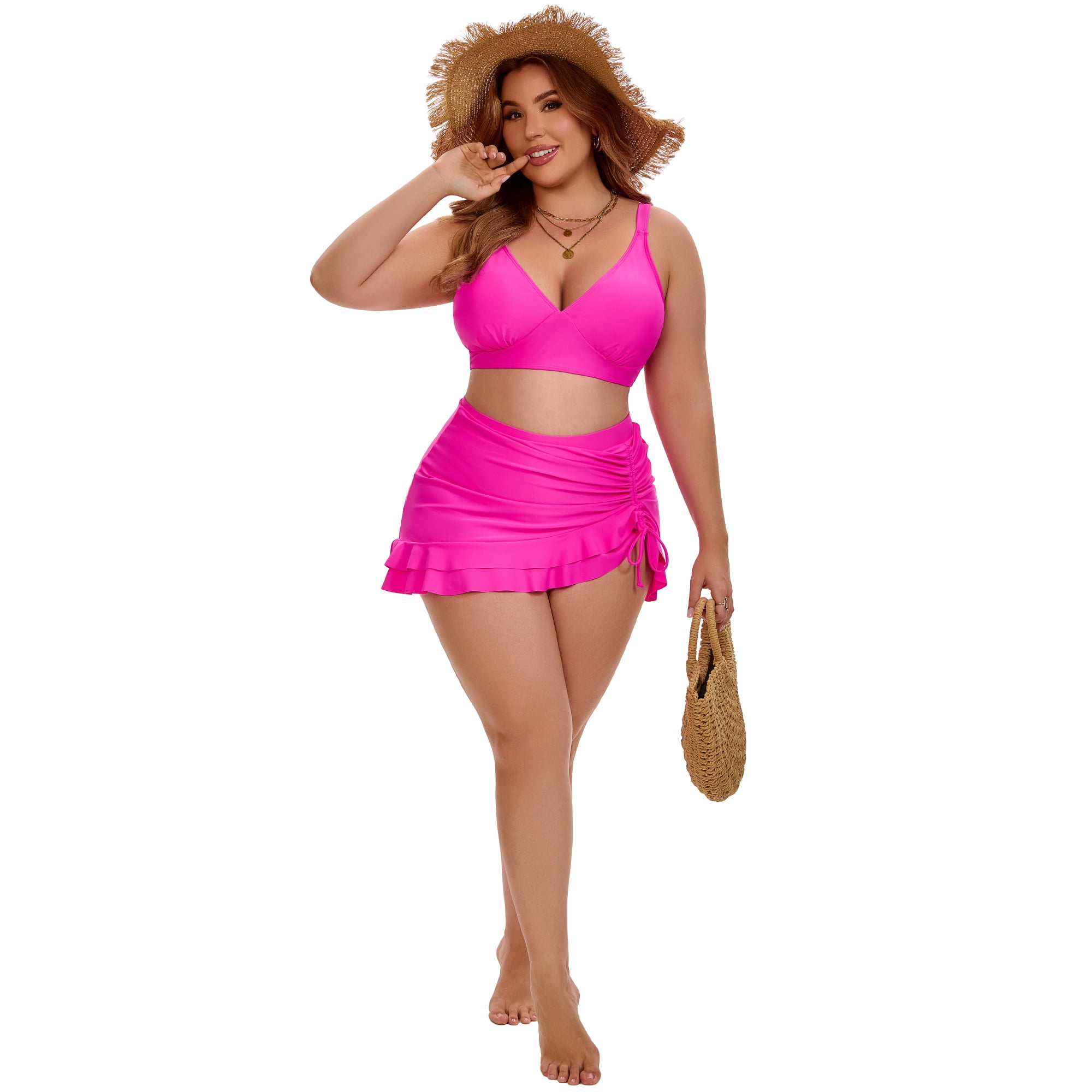 DARING DIVA Women's Plus with Retro Gingham High Waisted Bikini 2X Hot Pink