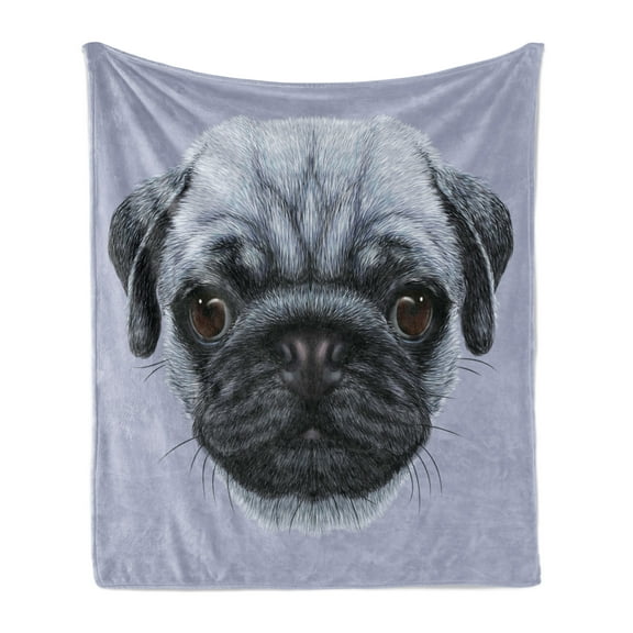 Pug Soft Flannel Fleece Throw Blanket, Realistic Style Detailed Young Dog Giant Eyes Pure Breed Pet Blue Backdrop, Cozy Plush for Indoor and Outdoor Use, 70" x 90", Slate Blue, by Ambesonne