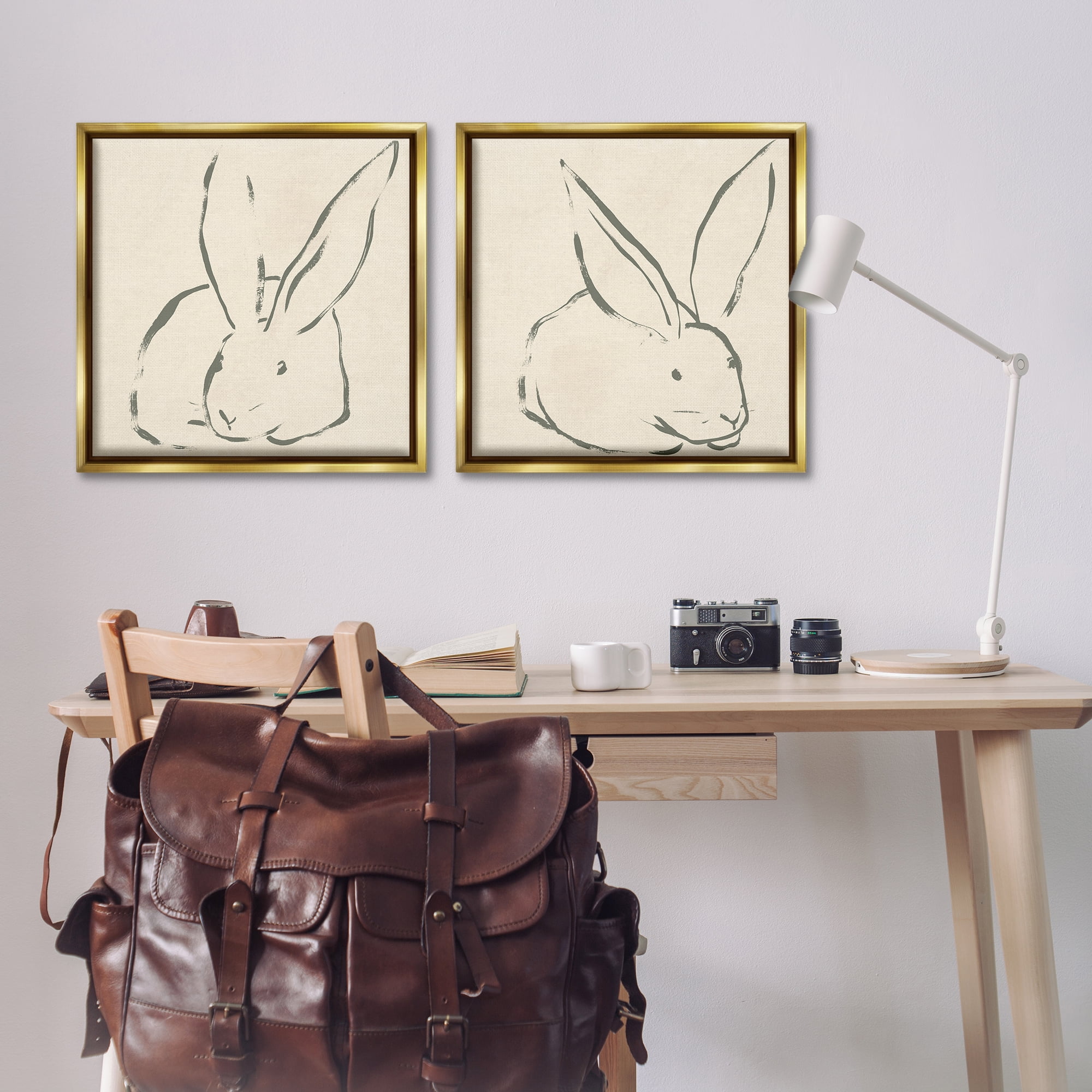 Stupell Industries Minimalist Resting Rabbit Line Drawing Animals Drawing Gold Floater Framed Canvas Art Print Wall Art, 25 x 25, Set of 2