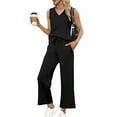thumbnail image 2 of Two Piece Sets for Women Summer Outfits Lounge Sets Mock Neck Tops Wide Leg Crop Pants Vacation Travel Outfits Black S, 2 of 8