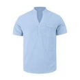 thumbnail image 3 of Men's Short Sleeve Linen Shirts Lightweight Button Henley Solid Tops with Pocket Summer Beach Vacation Casual Loose Tees Light Blue S, 3 of 8