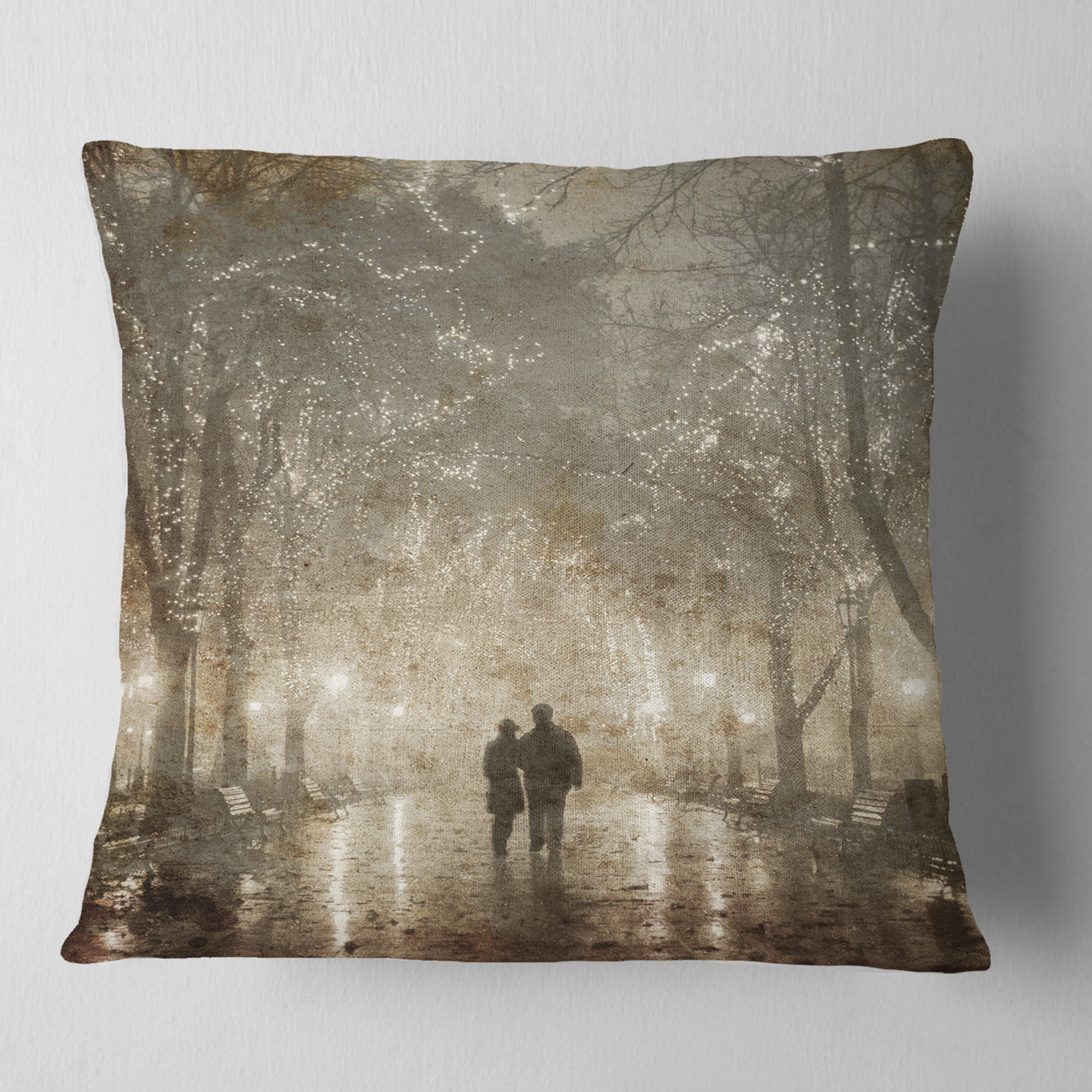 Designart Couple Walking in Night Lights - Landscape Photography Throw Pillow - 16x16