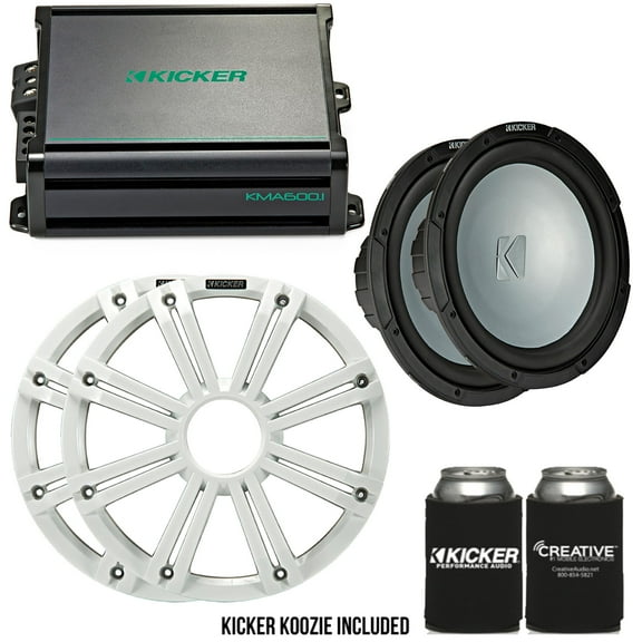 Kicker - Two 12 Inch LED  Marine Subwoofers in White, 1 Pair with 600 Watt Amplifier Bundle