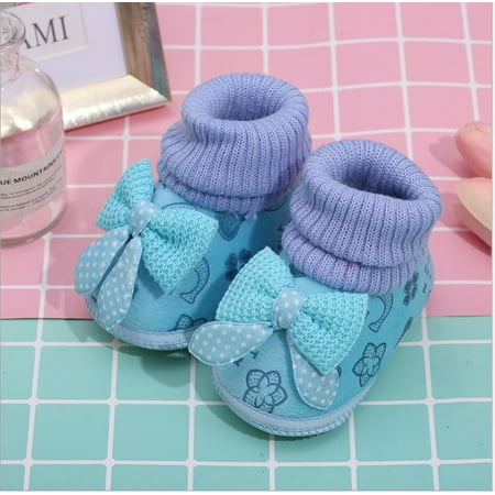 

Gueuusu Baby s Walking Shoes Toddler s Plush Antiskid Boots for Kids Lace Up Bow Children s Sole Socks
