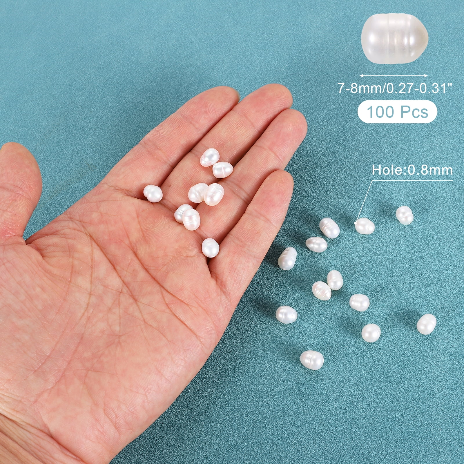 Uxcell 100 Pcs Natural Freshwater Pearl Beads, 7-8mm Oval Rice Shape Loose Gemstone Pearls 0.8mm Hole for Leather Cord Beading Jewelry Making DIY Craft, White