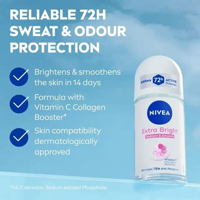 Nivea Extra Bright Roll On Deodorant with Vitamin C Collagen Booster - Alcohol-Free, 72HR Odor Protection, Smooth & Bright Skin, 50ml, 1.69oz, Pack of 12