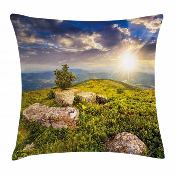 Mountain Throw Pillow Cushion Cover, Small Tree Behind Boulders Hillside Grass Greenery Meadow Scenic Dramatic, Decorative Square Accent Pillow Case, 16 X 16 Inches, Green Yellow Blue, by Ambesonne