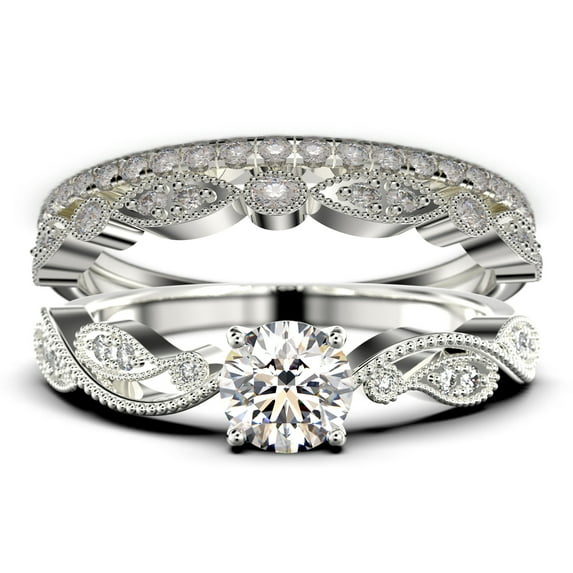 Dazzling Boho & hippie 2.25 Carat Round Cut Diamond Moissanite Classic Inspired Engagement Ring, Unique Twist Band Wedding Ring in 10k Solid White Gold, Promise Ring, Two Matching Band