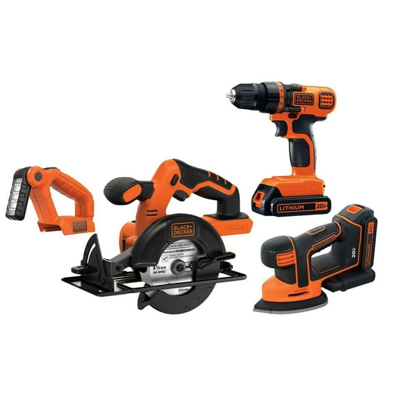Black + Decker 20V MAX* Lithium Ion 4 Tool Combo Kit: Drill/Driver, Circular Saw, MOUSE™ Detail Sander and Light