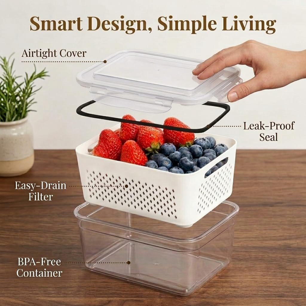7 PCS Fruit Storage Containers for Fridge,Leakproof Produce Containers for Fridge with Removable Colander,All-in-One Fruit Container Strainers for Berries,Fruits,Vegetables