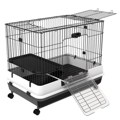 2-Level Small Animal Cage Rabbit Hutch with Wheels, Removable Tray, Platform and Ramp for Bunny, Chinchillas