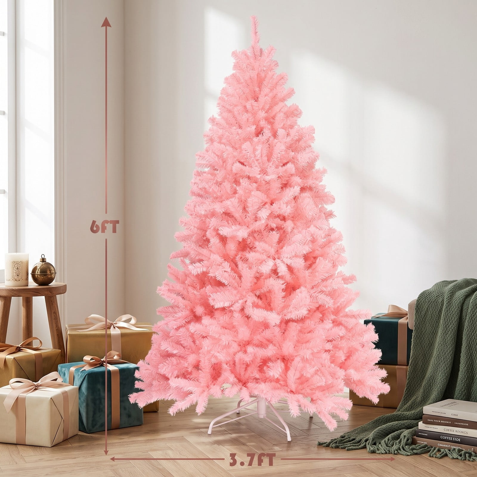 RUIE 6 FT Pink Artificial Christmas Tree, Hinged Full Spruce Xmas Tree with 1036 Tips and Foldable Metal Stand for Holiday Home Party Decoration, Cherry Blossom Pink