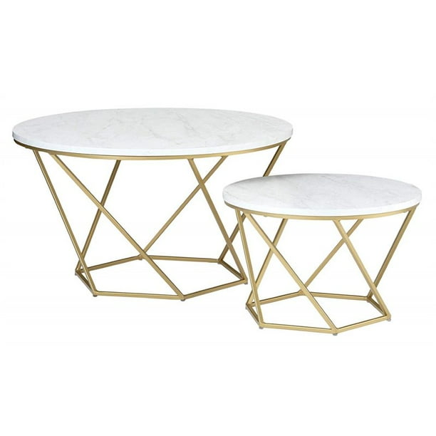 Pemberly Row Nesting Faux Marble Top Round Coffee Table Set In White Gold Walmart Com Walmart Com