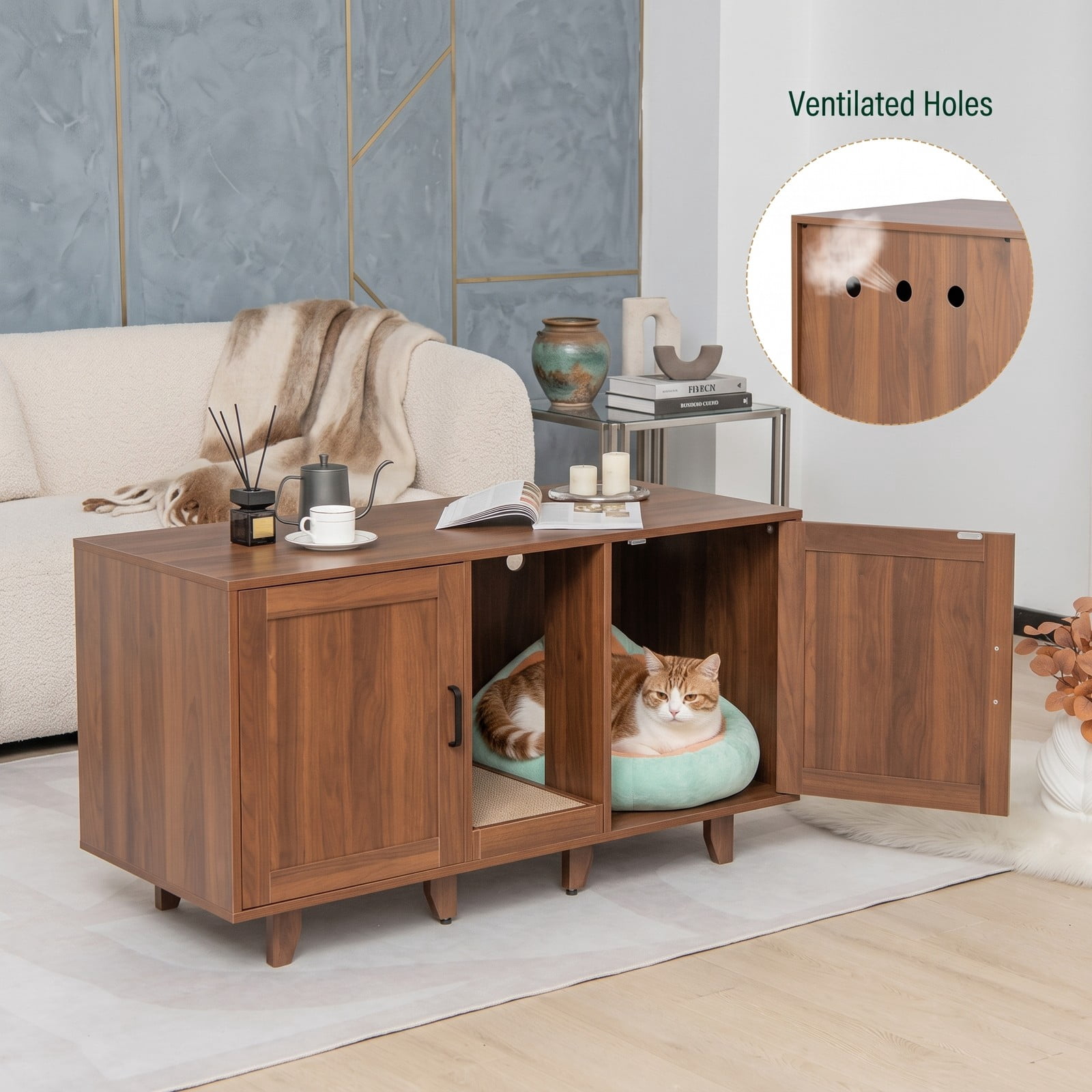 ALPULON Patented 2-Door Cat Litter Box Enclosure Hidden Cat House with Winding Entry, Scratching Board & Magnetic Doors, Wooden Cat Washroom Side Table TV Stand, Brown