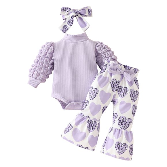 Ymyiu Baby Girl Coming Home Outfit Baby Girl 3-Piece Outfit Set: Soft Infant Romper + Comfy Toddler Pant + Cute Headband (Light Purple,3-6 Months)