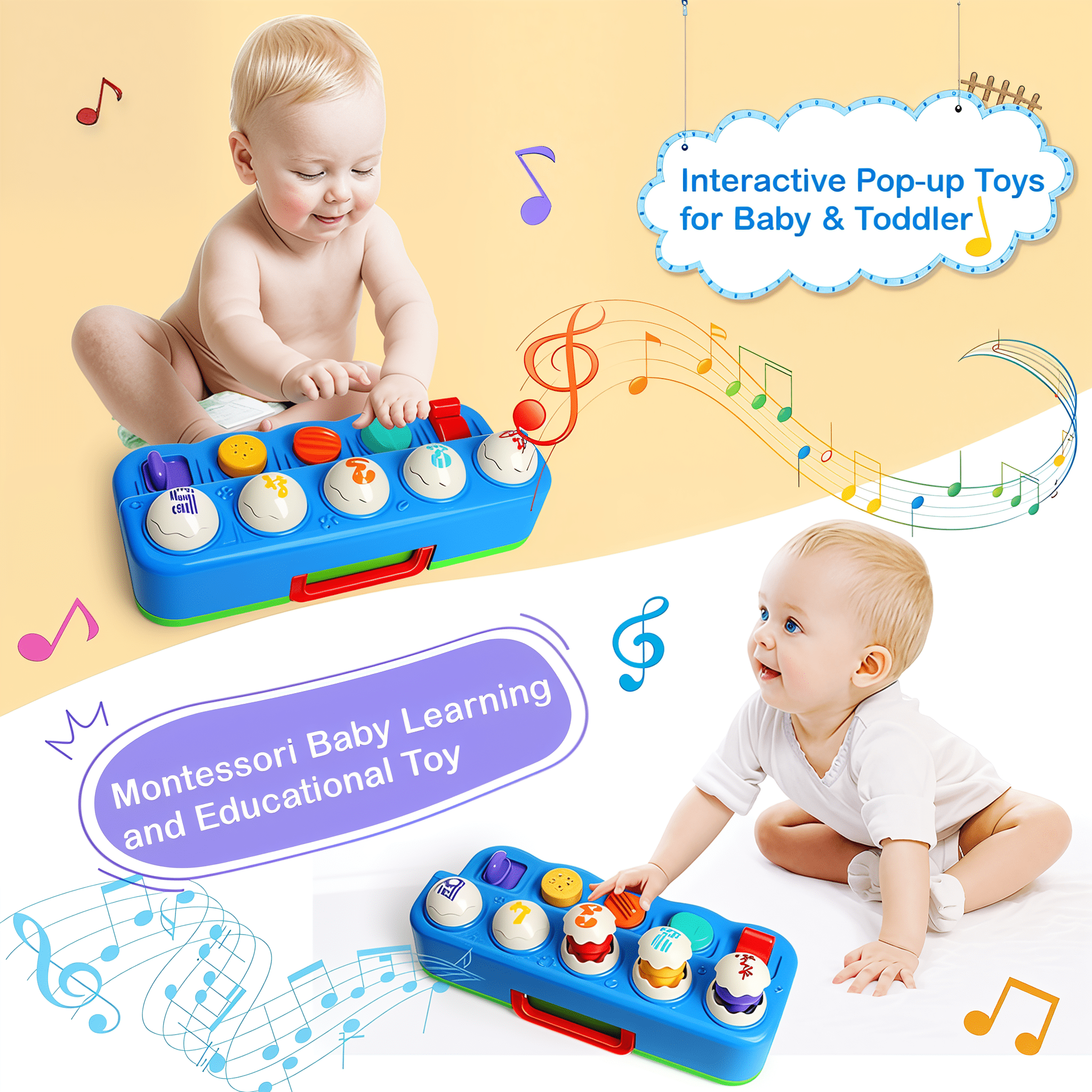 Yerloa Baby Toys 6-12 Months, Interactive Animal Pop Up Toy with Music & Light, Cause and Effect Toys for 1 Year Old, Montessori Early Learning Toys for Toddlers 1-3, Birthday Gift 9-12-18 Months