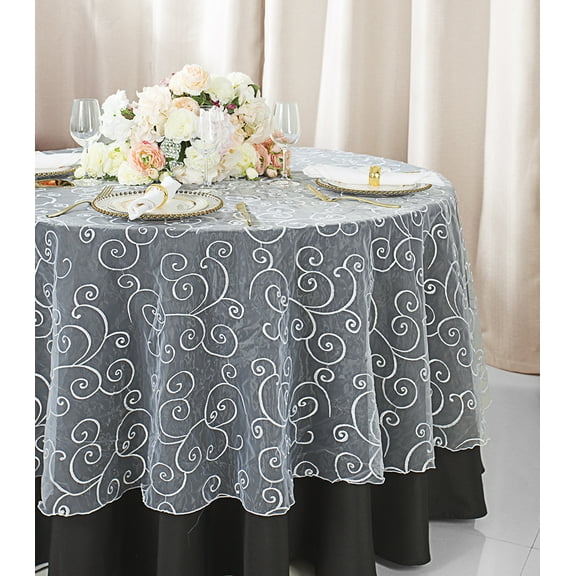 Wedding Linens Inc. 90" Round Embroidered Organza Table Overlay Toppers Tablecloth - White