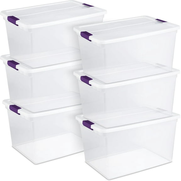6-Pack Plastic Storage Bin w/ Latch Lid, ClearView Stackable Containers, 66 Qt