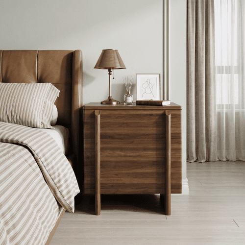 Mid-Century Modern Nightstand with 2 Drawers, Minimalist Walnut Bedside Table with Rounded Corners, Wooden Storage Cabinet for Bedroom, Living Room & Corner Spaces
