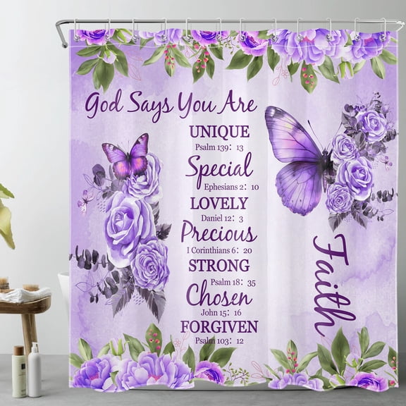 HVEST Purple Butterfly Floral Shower Curtain with Rose Flower and Bible Verse Design - Rustic Plant Bathroom Decor, Waterproof Polyester Fabric, Includes 12 Hooks, 72x72 Inches