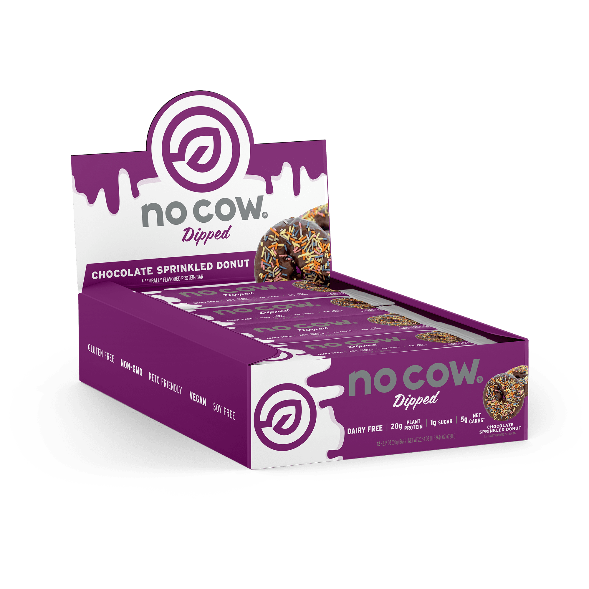 No Cow Dipped Protein Bars, Chocolate Sprinkled Donut, Box of 12