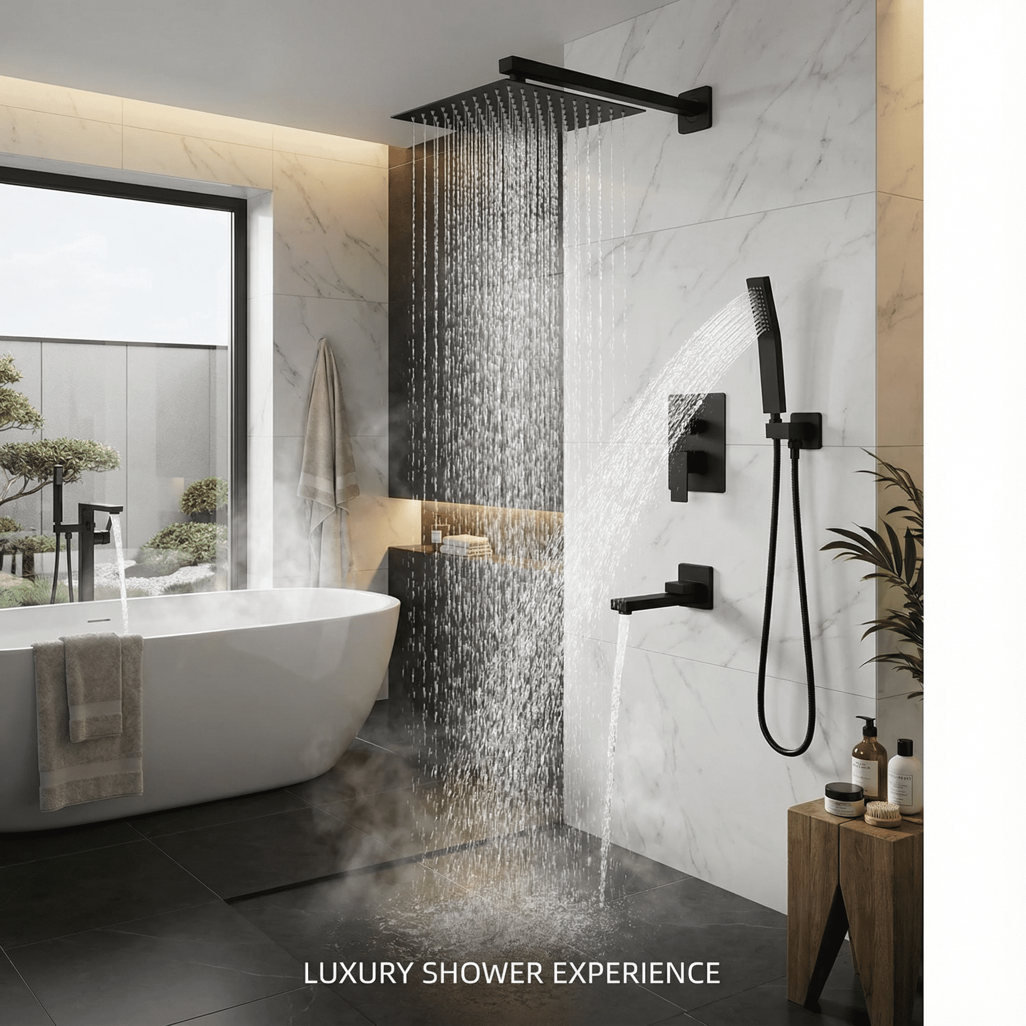 LIFERECORD 3-in-1 Matte Black Shower System with Rainfall Shower Head, Handheld Shower & Tub Spout, Adjustable Bathroom Shower Fixture with Brass Rough-In Valve, Easy Clean Silicone Nozzles