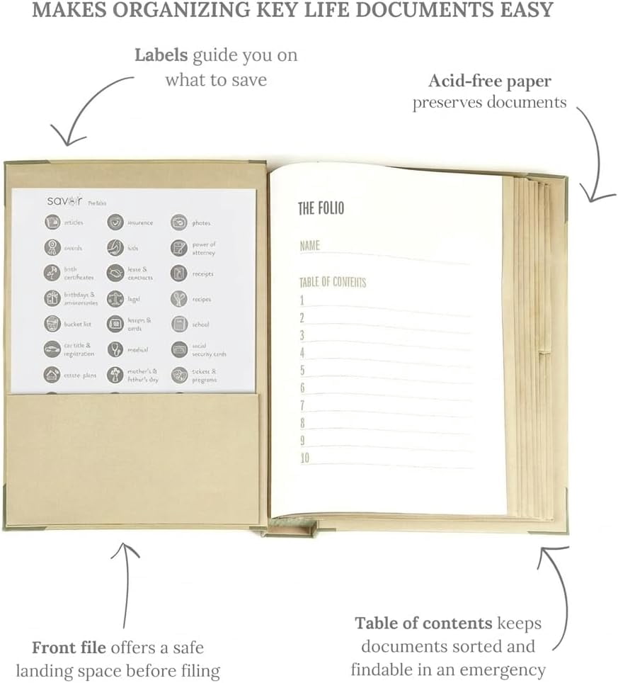 Acid-Free Document Organizer Binder with Guided Labels and 10 Pocket Folders for Home Records, Legal & Medical Papers